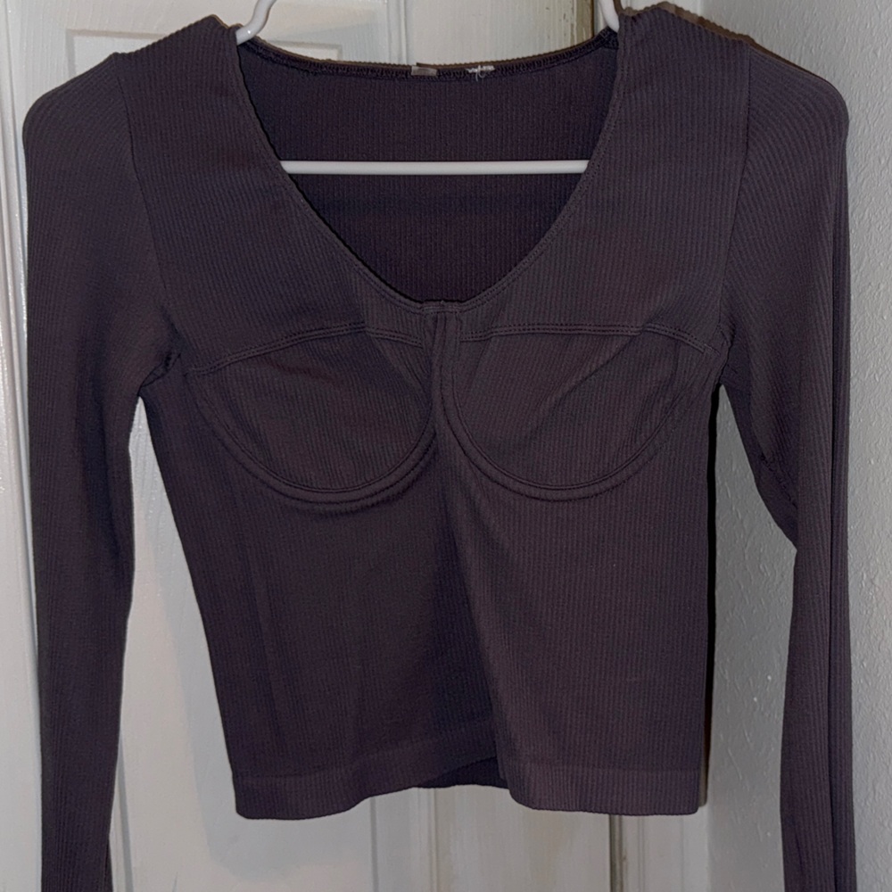 Forever 21 Dark Purple Bustier Corset Style Ribbed Long Sleeve Crop Top